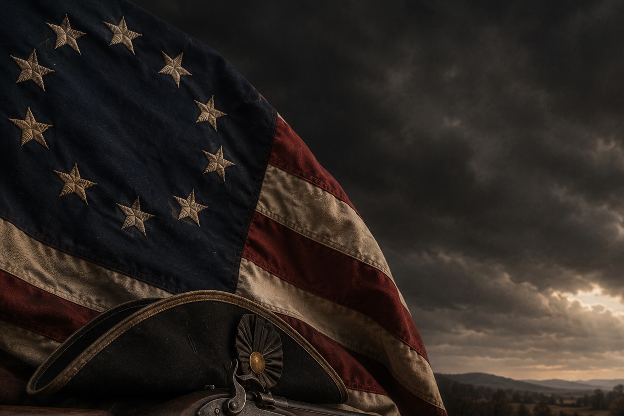 Revolutionary era American flag, tri-cornered hat, and flintlock